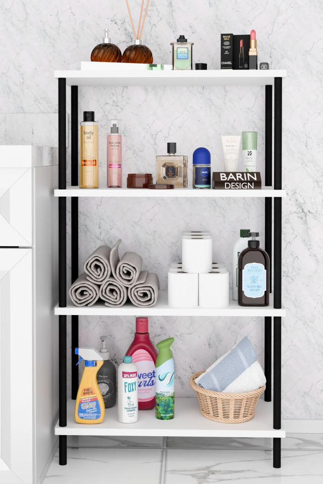 Çevir Kur Kolay Kurulum 4 Katlı Banyo Rafı | Metal Gövdeli Çok Amaçlı Organizer Stand Banyo Dolabı Beyaz