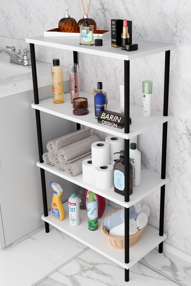 Barın Design Çevir Kur Kolay Kurulum 4 Katlı Banyo Rafı | Metal Gövdeli Çok Amaçlı Organizer Stand Banyo Dolabı Beyaz
