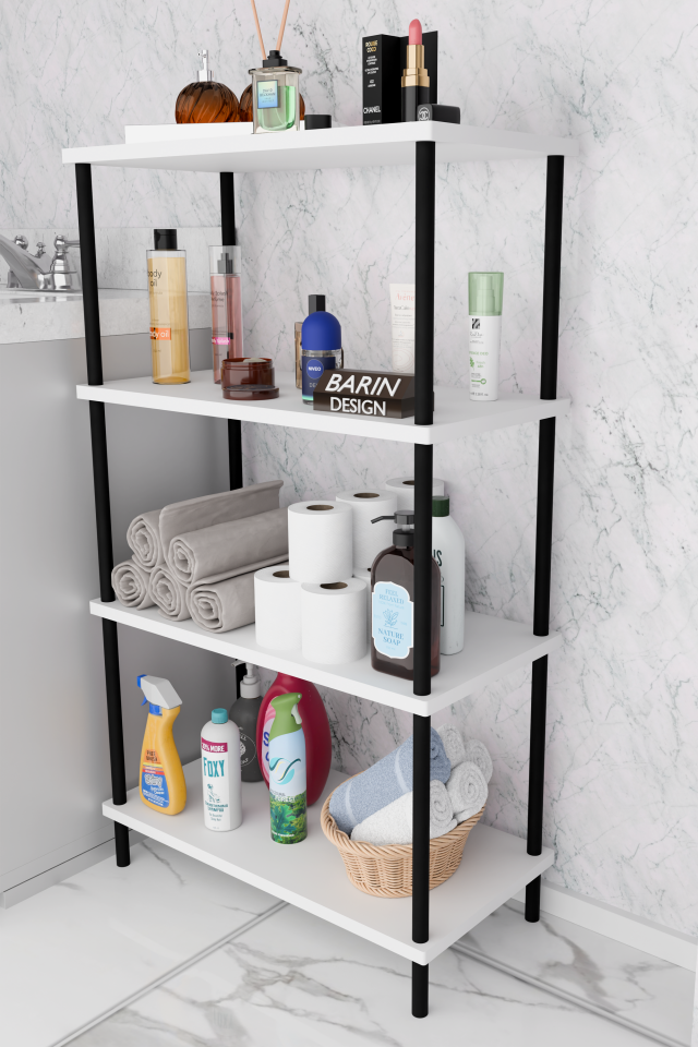 Çevir Kur Kolay Kurulum 4 Katlı Banyo Rafı | Metal Gövdeli Çok Amaçlı Organizer Stand Banyo Dolabı Beyaz