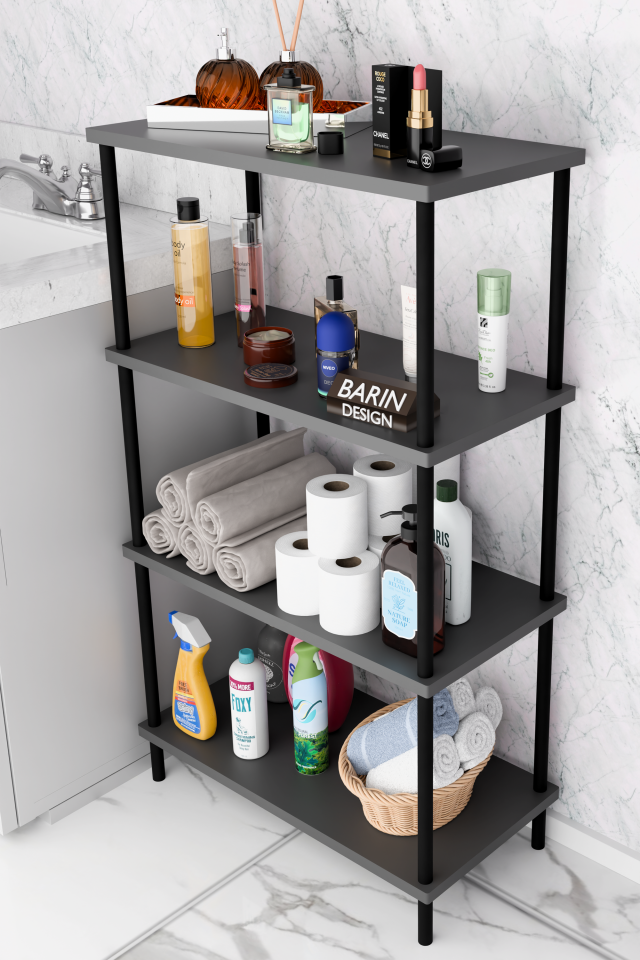 Çevir Kur Kolay Kurulum 4 Katlı Banyo Rafı | Metal Gövdeli Çok Amaçlı Organizer Stand Banyo Dolabı Antrasit