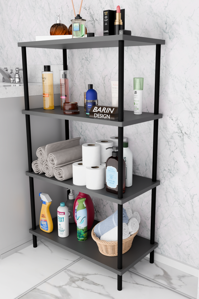 Çevir Kur Kolay Kurulum 4 Katlı Banyo Rafı | Metal Gövdeli Çok Amaçlı Organizer Stand Banyo Dolabı Antrasit