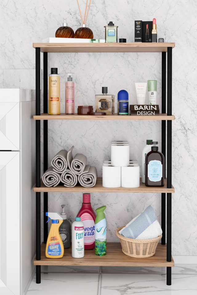 Çevir Kur Kolay Kurulum 4 Katlı Banyo Rafı | Metal Gövdeli Çok Amaçlı Organizer Stand Banyo Dolabı Atlantik Çam