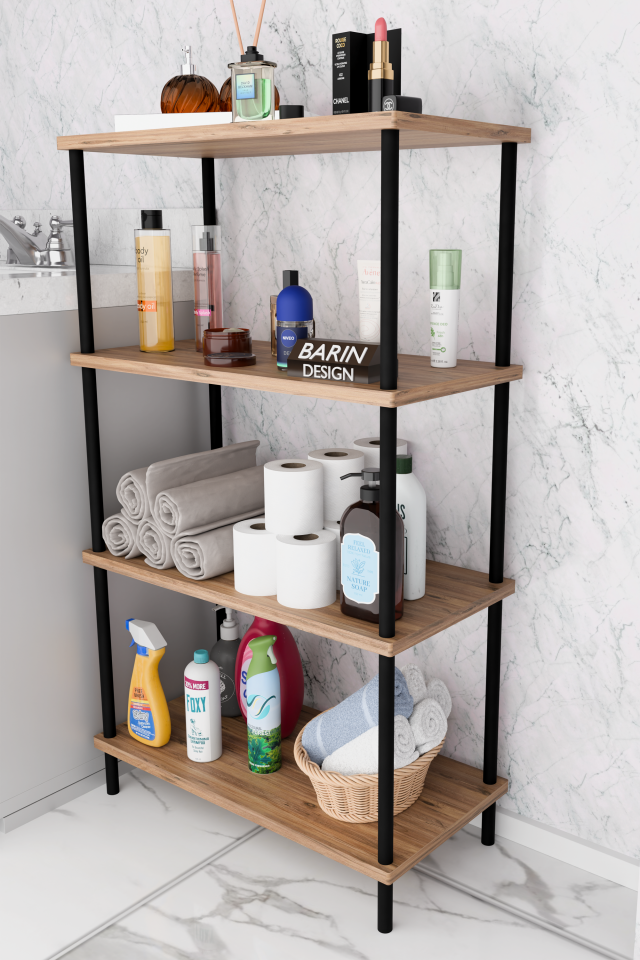 Çevir Kur Kolay Kurulum 4 Katlı Banyo Rafı | Metal Gövdeli Çok Amaçlı Organizer Stand Banyo Dolabı Atlantik Çam
