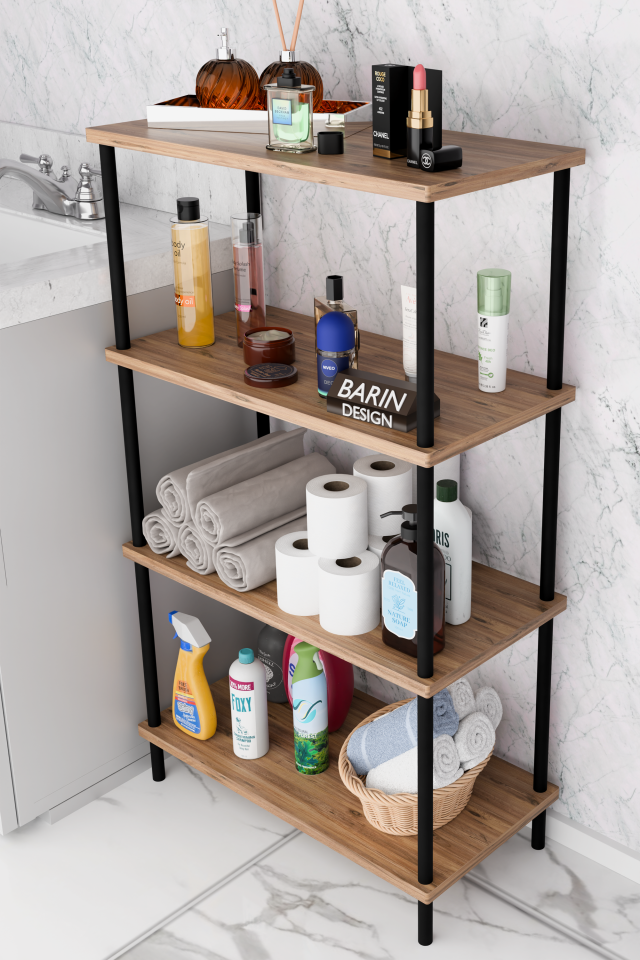 Çevir Kur Kolay Kurulum 4 Katlı Banyo Rafı | Metal Gövdeli Çok Amaçlı Organizer Stand Banyo Dolabı Atlantik Çam