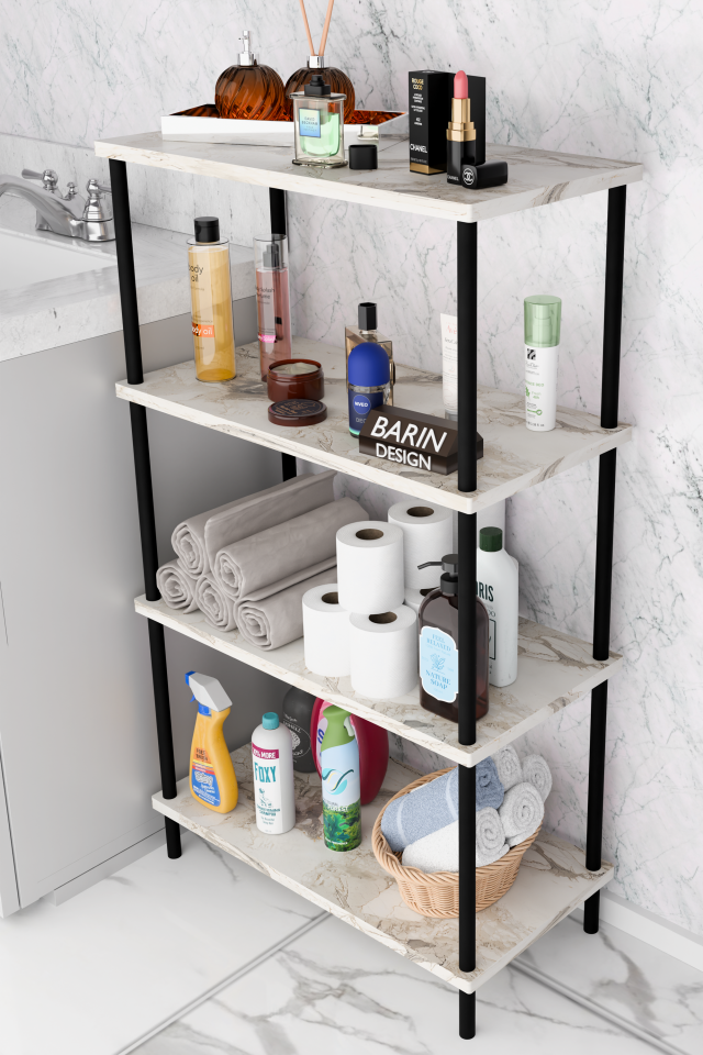 Barın Design Çevir Kur Kolay Kurulum 4 Katlı Banyo Rafı | Metal Gövdeli Çok Amaçlı Organizer Stand Banyo Dolabı Beyaz Mermer