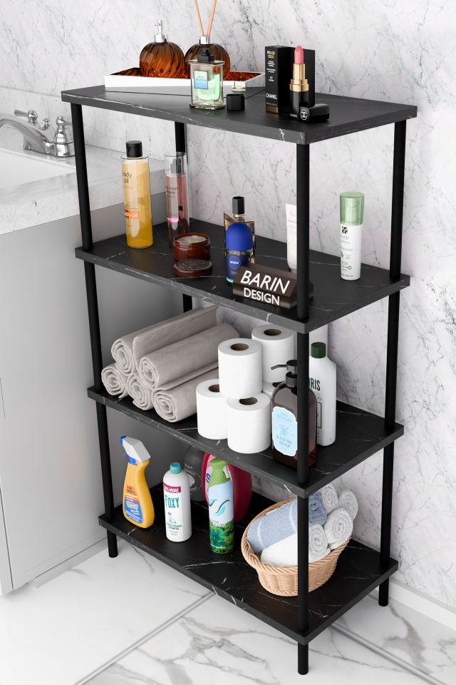 Çevir Kur Kolay Kurulum 4 Katlı Banyo Rafı | Metal Gövdeli Çok Amaçlı Organizer Stand Banyo Dolabı Siyah Mermer