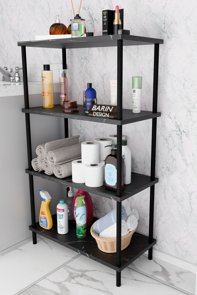 Çevir Kur Kolay Kurulum 4 Katlı Banyo Rafı | Metal Gövdeli Çok Amaçlı Organizer Stand Banyo Dolabı Siyah Mermer