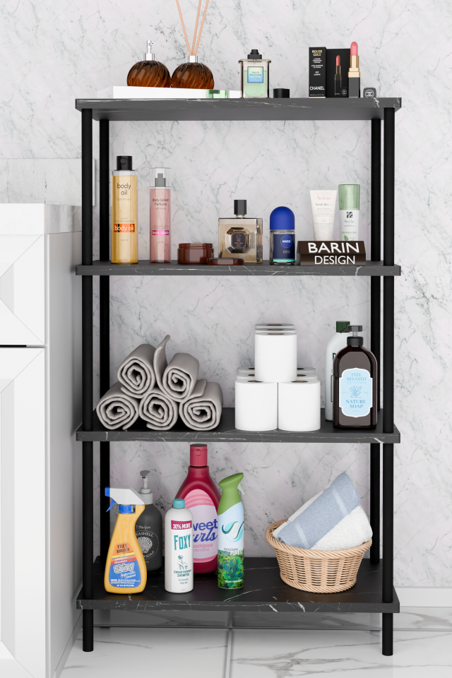 Çevir Kur Kolay Kurulum 4 Katlı Banyo Rafı | Metal Gövdeli Çok Amaçlı Organizer Stand Banyo Dolabı Siyah Mermer
