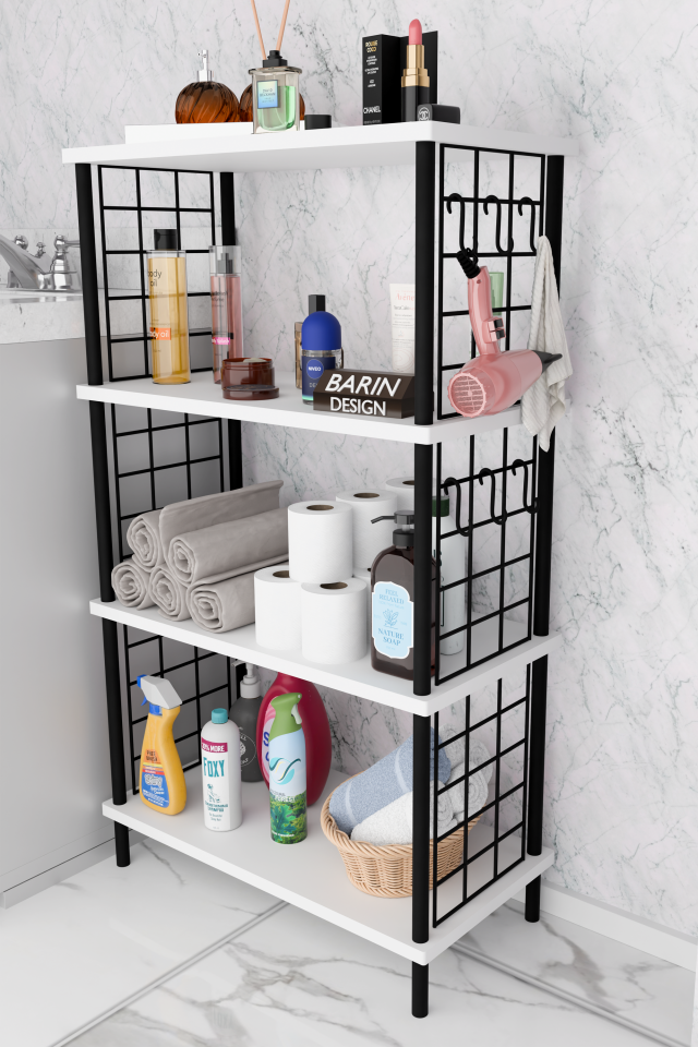 Çevir Kur Kolay Kurulum 4 Katlı Banyo Rafı | Metal Telli Çok Amaçlı Organizer Dolap Stand Raf Beyaz