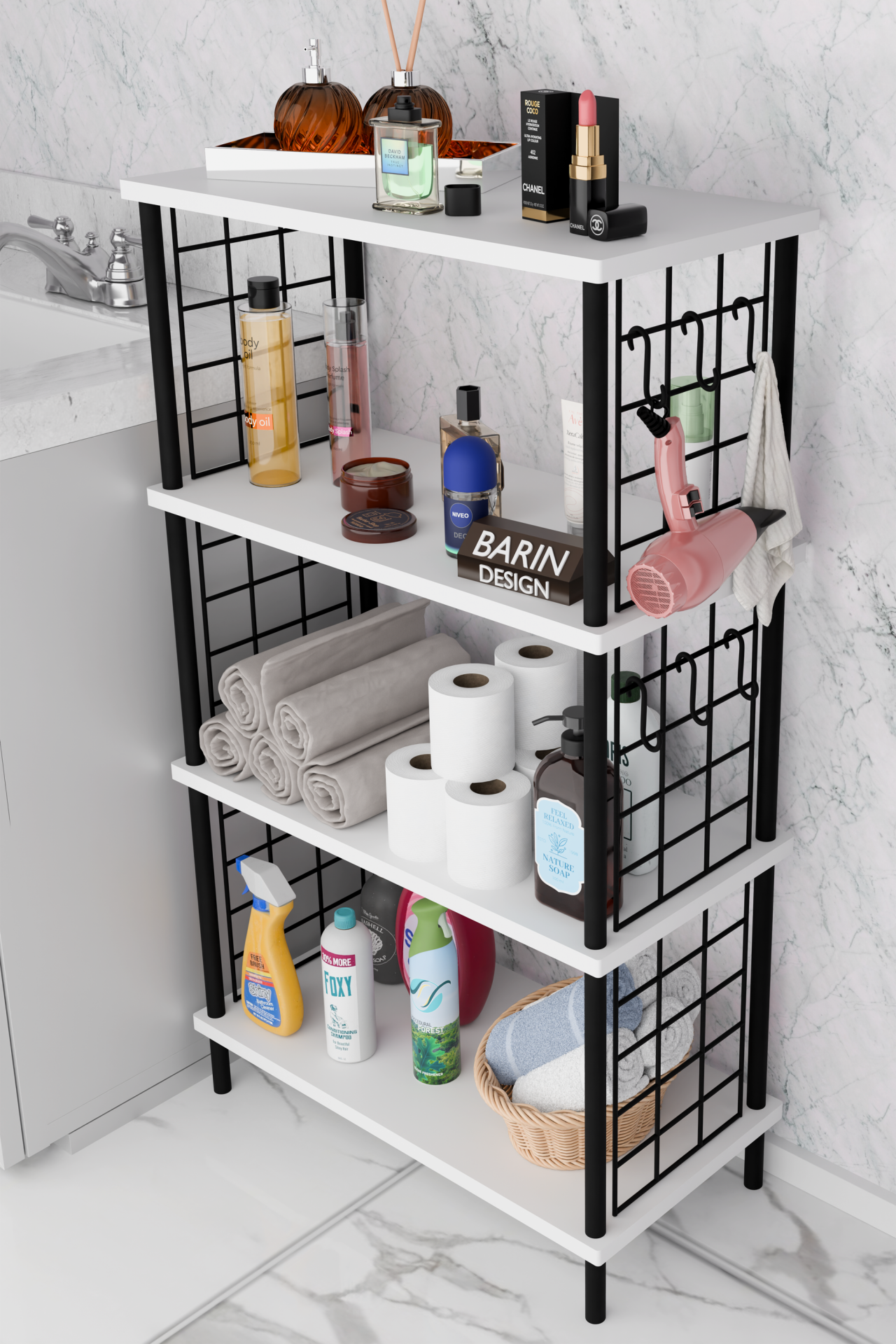 Barın Design Çevir Kur Kolay Kurulum 4 Katlı Banyo Rafı | Metal Telli Çok Amaçlı Organizer Dolap Stand Raf Beyaz