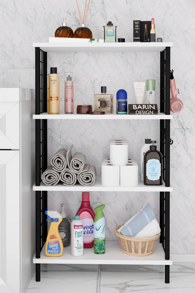 Barın Design Çevir Kur Kolay Kurulum 4 Katlı Banyo Rafı | Metal Telli Çok Amaçlı Organizer Dolap Stand Raf Beyaz