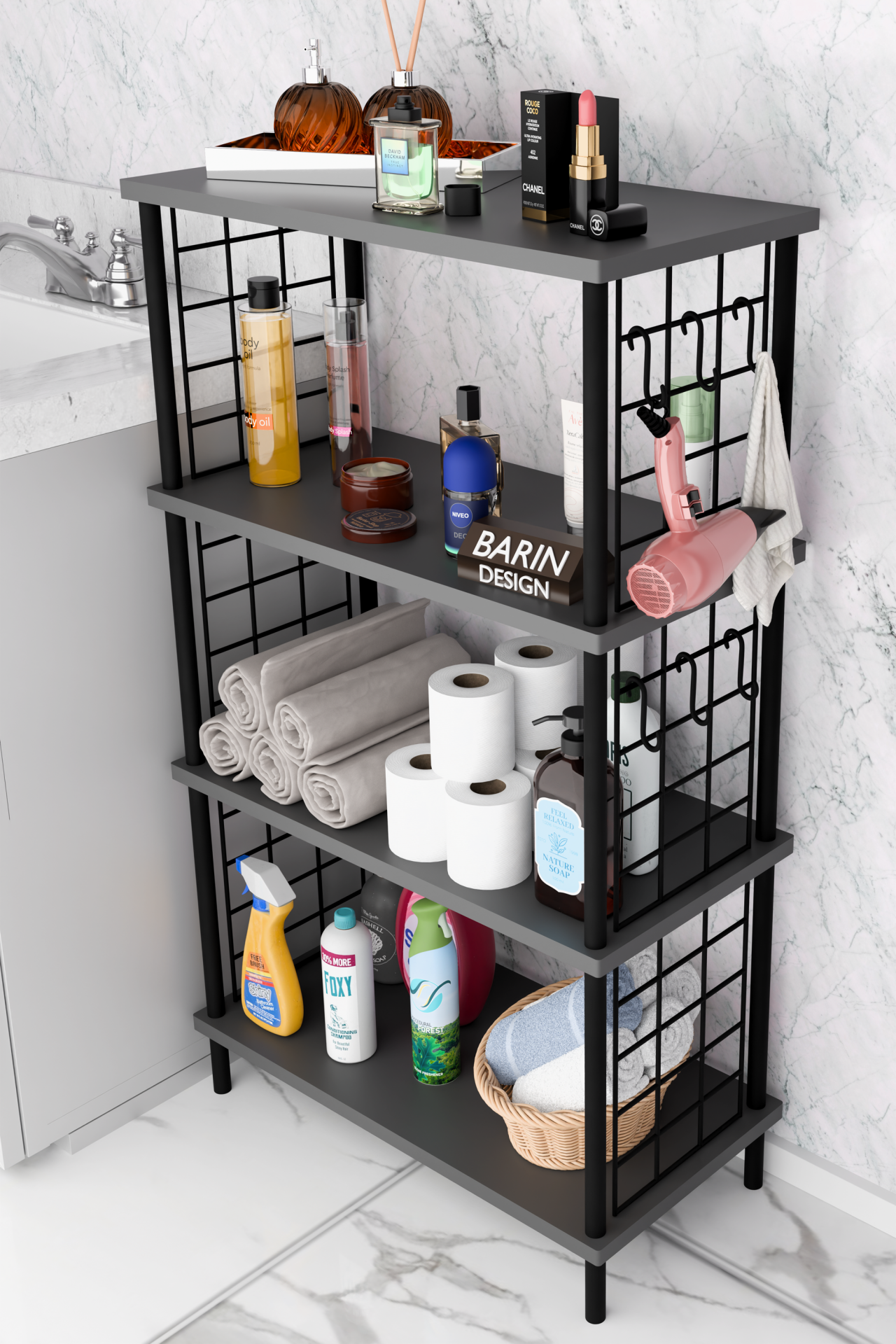 Çevir Kur Kolay Kurulum 4 Katlı Banyo Rafı | Metal Telli Çok Amaçlı Organizer Dolap Stand Raf Antrasit