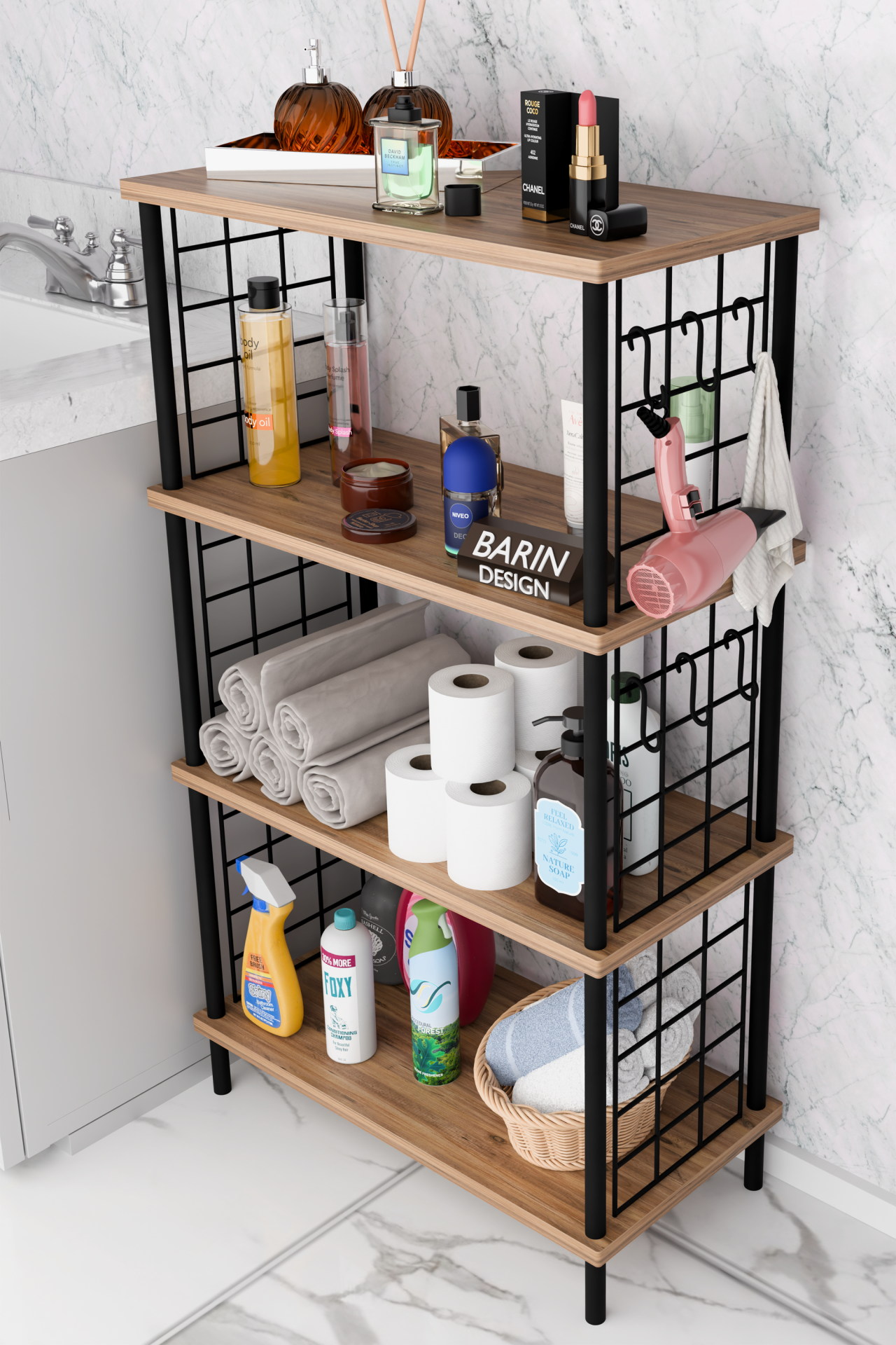 Barın Design Çevir Kur Kolay Kurulum 4 Katlı Banyo Rafı | Metal Telli Çok Amaçlı Organizer Dolap Stand Raf Atlantik Çam