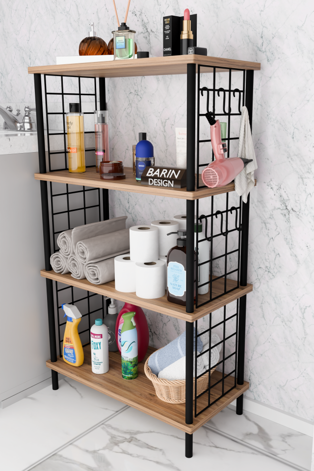 Çevir Kur Kolay Kurulum 4 Katlı Banyo Rafı | Metal Telli Çok Amaçlı Organizer Dolap Stand Raf Atlantik Çam