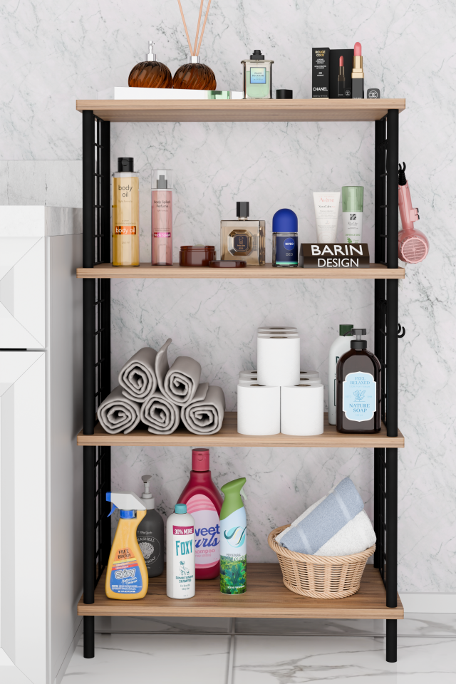 Çevir Kur Kolay Kurulum 4 Katlı Banyo Rafı | Metal Telli Çok Amaçlı Organizer Dolap Stand Raf Atlantik Çam