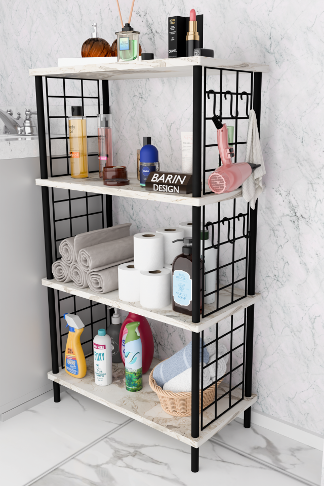 Çevir Kur Kolay Kurulum 4 Katlı Banyo Rafı | Metal Telli Çok Amaçlı Organizer Dolap Stand Raf Beyaz Mermer