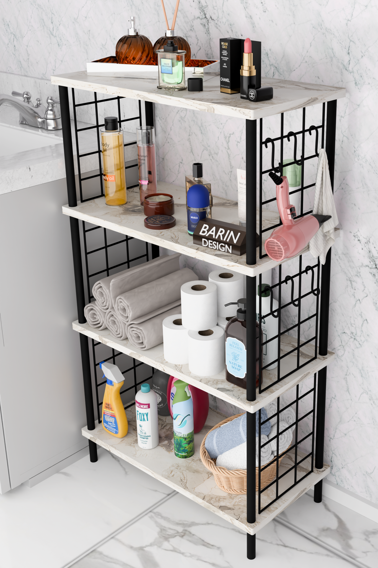 Çevir Kur Kolay Kurulum 4 Katlı Banyo Rafı | Metal Telli Çok Amaçlı Organizer Dolap Stand Raf Beyaz Mermer