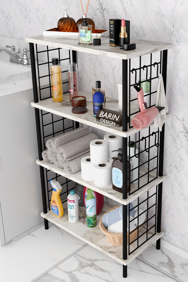 Barın Design Çevir Kur Kolay Kurulum 4 Katlı Banyo Rafı | Metal Telli Çok Amaçlı Organizer Dolap Stand Raf Beyaz Mermer