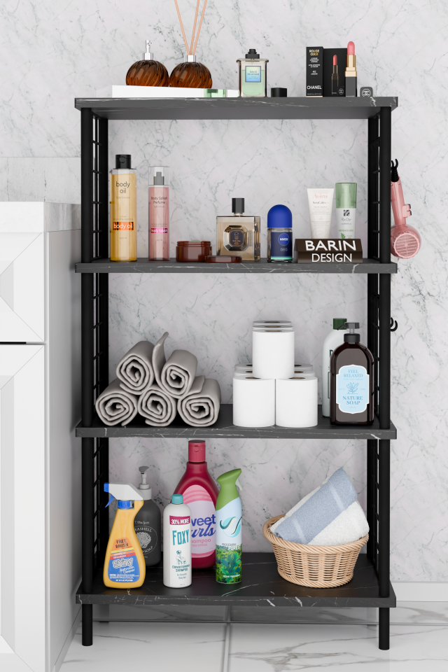 Çevir Kur Kolay Kurulum 4 Katlı Banyo Rafı | Metal Telli Çok Amaçlı Organizer Dolap Stand Raf Siyah Mermer