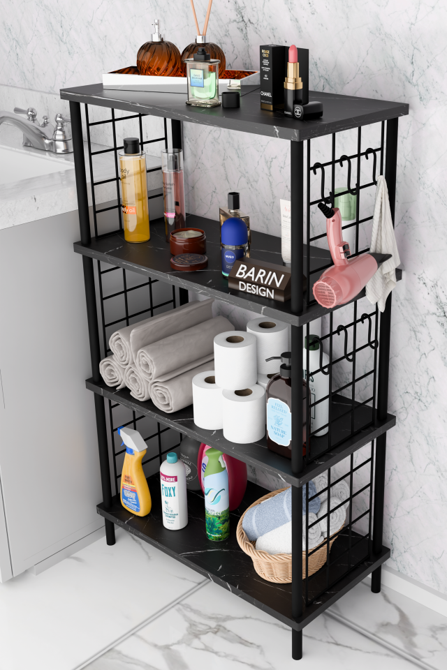 Barın Design Çevir Kur Kolay Kurulum 4 Katlı Banyo Rafı | Metal Telli Çok Amaçlı Organizer Dolap Stand Raf Siyah Mermer