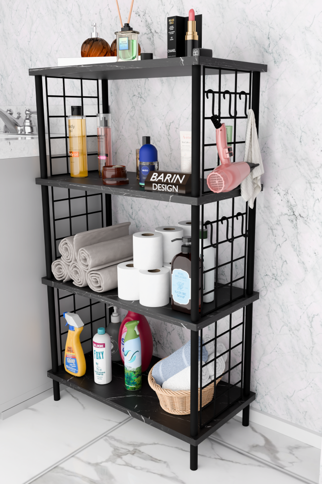 Çevir Kur Kolay Kurulum 4 Katlı Banyo Rafı | Metal Telli Çok Amaçlı Organizer Dolap Stand Raf Siyah Mermer