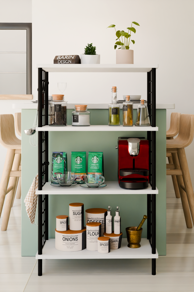 4 Katlı Metal Telli Raf Ünitesi Çevir Kur Sistemli Kahve Köşesi ve Mutfak Düzenleyici Raf Açık Dolap Beyaz