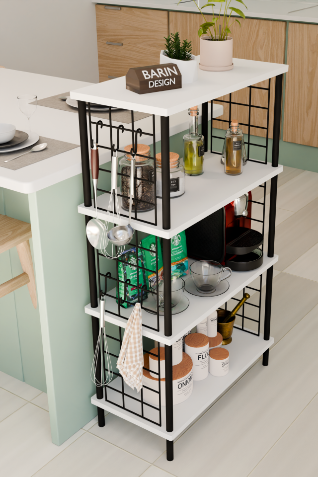 4 Katlı Metal Telli Raf Ünitesi Çevir Kur Sistemli Kahve Köşesi ve Mutfak Düzenleyici Raf Açık Dolap Beyaz