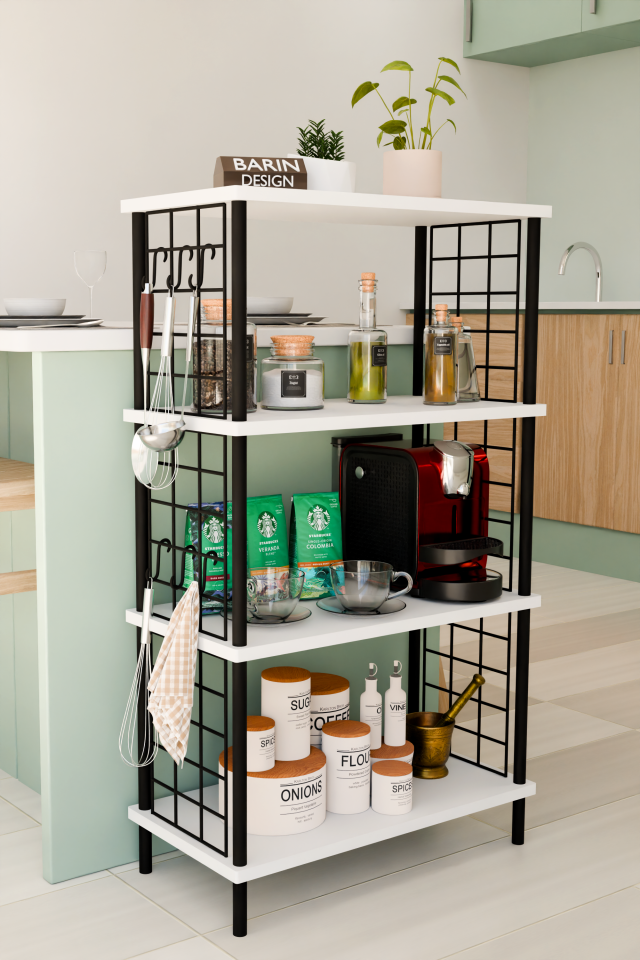 4 Katlı Metal Telli Raf Ünitesi Çevir Kur Sistemli Kahve Köşesi ve Mutfak Düzenleyici Raf Açık Dolap Beyaz