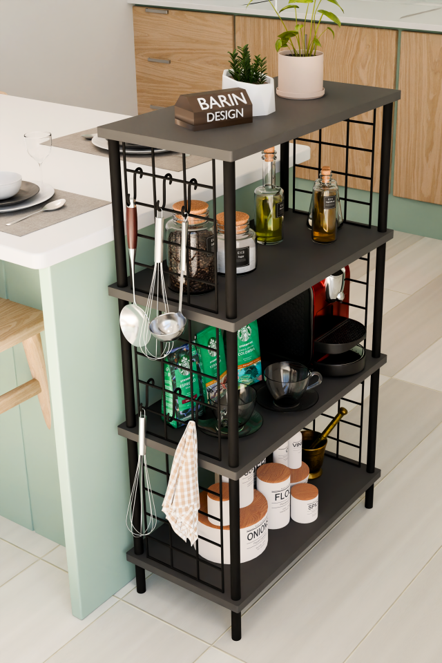 4 Katlı Metal Telli Raf Ünitesi Çevir Kur Sistemli Kahve Köşesi ve Mutfak Düzenleyici Raf Açık Dolap Antrasit