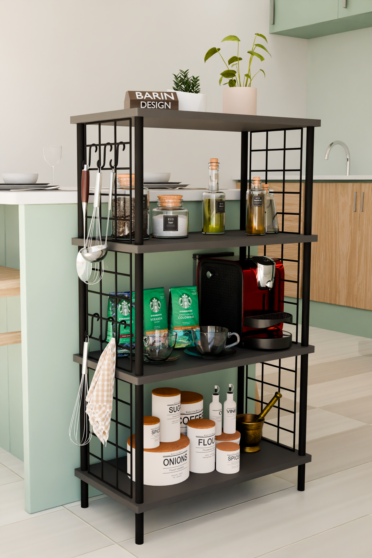 4 Katlı Metal Telli Raf Ünitesi Çevir Kur Sistemli Kahve Köşesi ve Mutfak Düzenleyici Raf Açık Dolap Antrasit