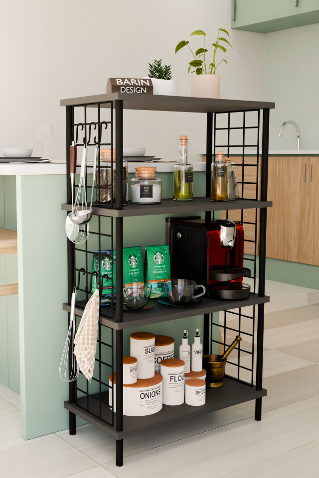 4 Katlı Metal Telli Raf Ünitesi Çevir Kur Sistemli Kahve Köşesi ve Mutfak Düzenleyici Raf Açık Dolap Antrasit