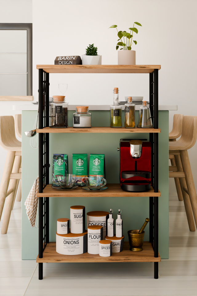 4 Katlı Metal Telli Raf Ünitesi Çevir Kur Sistemli Kahve Köşesi ve Mutfak Düzenleyici Raf Açık Dolap Atlantik Çam