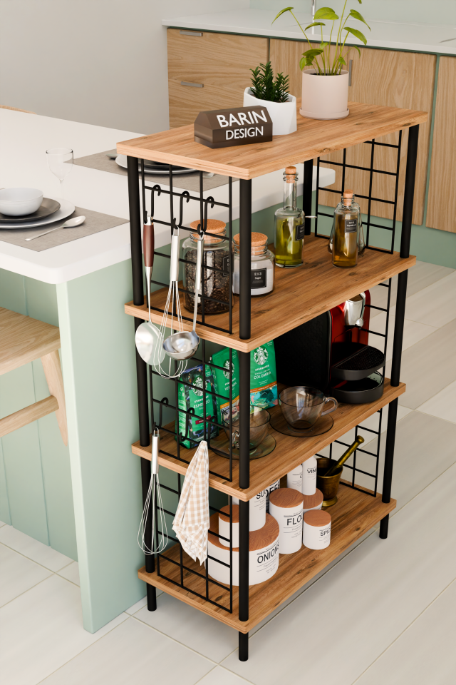 4 Katlı Metal Telli Raf Ünitesi Çevir Kur Sistemli Kahve Köşesi ve Mutfak Düzenleyici Raf Açık Dolap Atlantik Çam