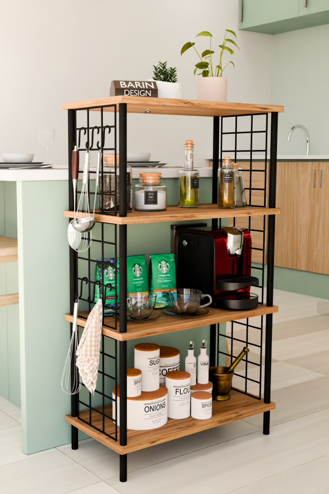 4 Katlı Metal Telli Raf Ünitesi Çevir Kur Sistemli Kahve Köşesi ve Mutfak Düzenleyici Raf Açık Dolap Atlantik Çam