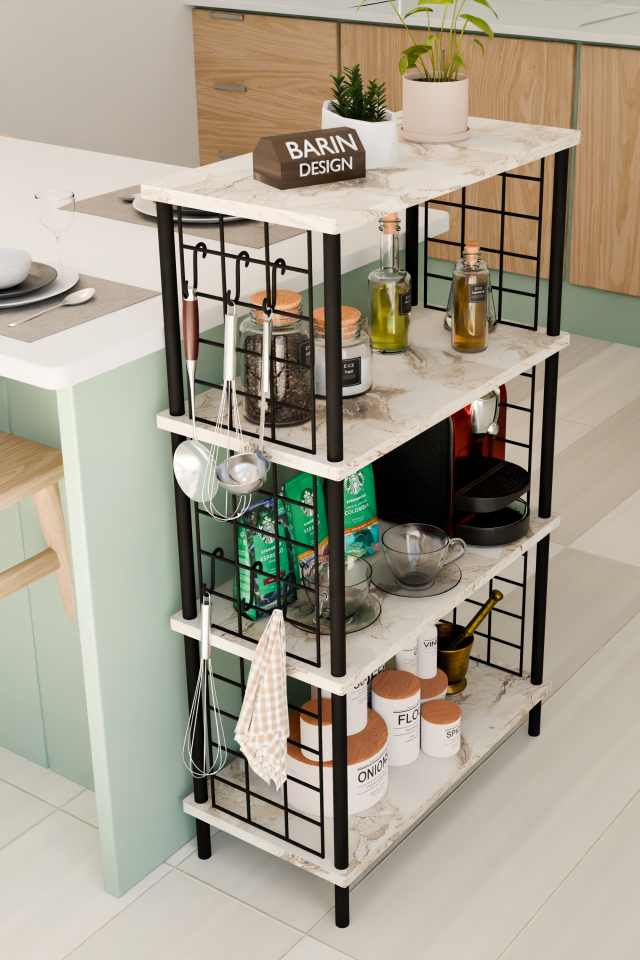 4 Katlı Metal Telli Raf Ünitesi Çevir Kur Sistemli Kahve Köşesi ve Mutfak Düzenleyici Raf Açık Dolap Beyaz Mermer