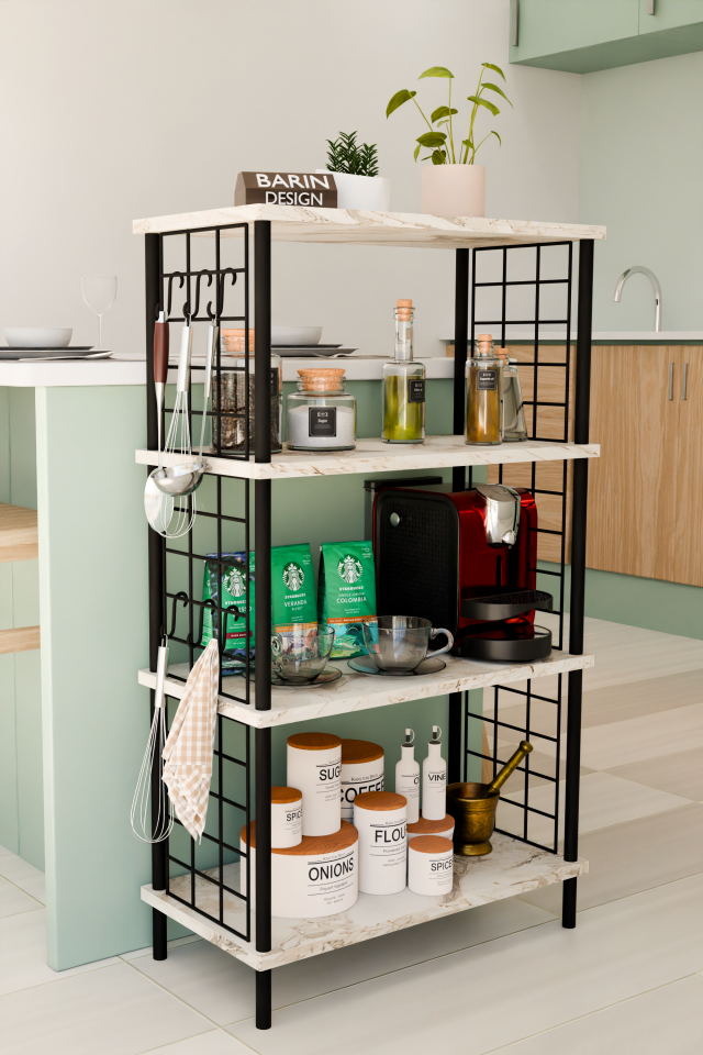 4 Katlı Metal Telli Raf Ünitesi Çevir Kur Sistemli Kahve Köşesi ve Mutfak Düzenleyici Raf Açık Dolap Beyaz Mermer