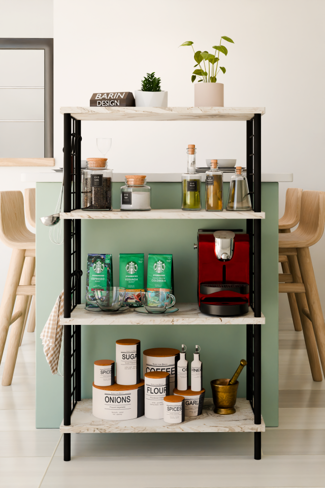 4 Katlı Metal Telli Raf Ünitesi Çevir Kur Sistemli Kahve Köşesi ve Mutfak Düzenleyici Raf Açık Dolap Beyaz Mermer