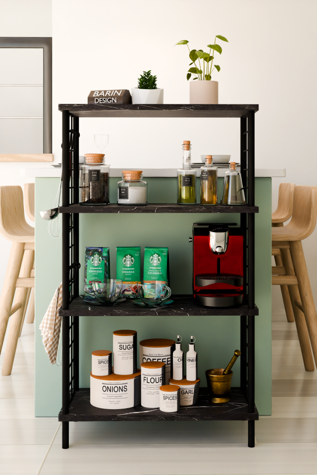 4 Katlı Metal Telli Raf Ünitesi Çevir Kur Sistemli Kahve Köşesi ve Mutfak Düzenleyici Raf Açık Dolap Siyah Mermer