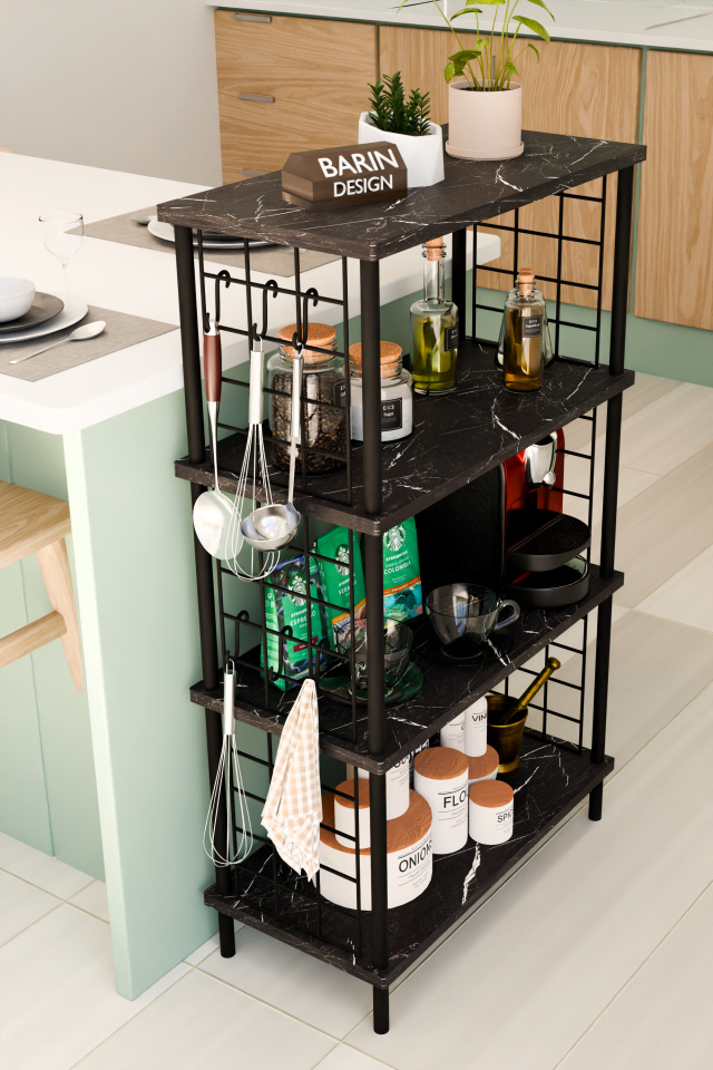 4 Katlı Metal Telli Raf Ünitesi Çevir Kur Sistemli Kahve Köşesi ve Mutfak Düzenleyici Raf Açık Dolap Siyah Mermer