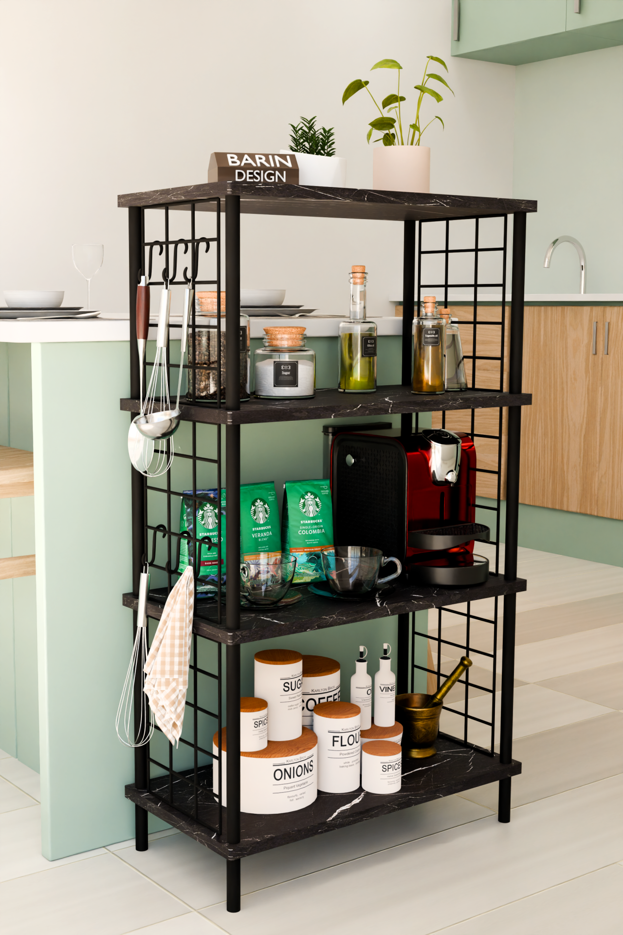 4 Katlı Metal Telli Raf Ünitesi Çevir Kur Sistemli Kahve Köşesi ve Mutfak Düzenleyici Raf Açık Dolap Siyah Mermer
