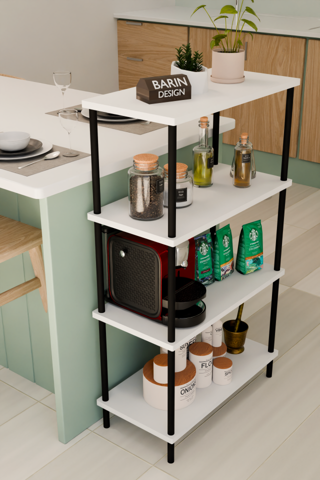 4 Katlı Çevir Kur Mutfak Rafı Çok Amaçlı Düzenleyici, Baharatlık, Kahve Köşesi, Açık Mutfak Dolabı Beyaz