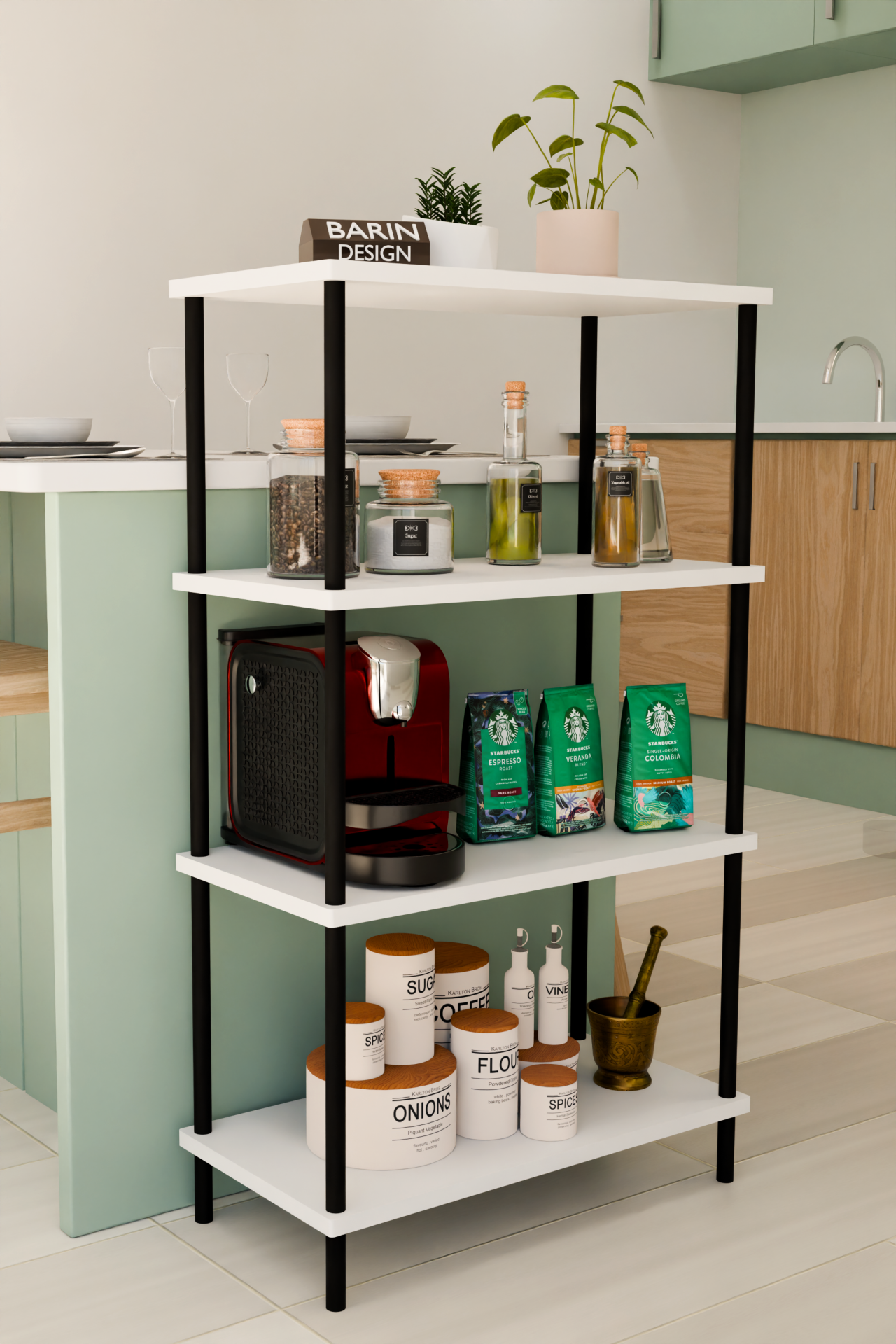 4 Katlı Çevir Kur Mutfak Rafı Çok Amaçlı Düzenleyici, Baharatlık, Kahve Köşesi, Açık Mutfak Dolabı Beyaz