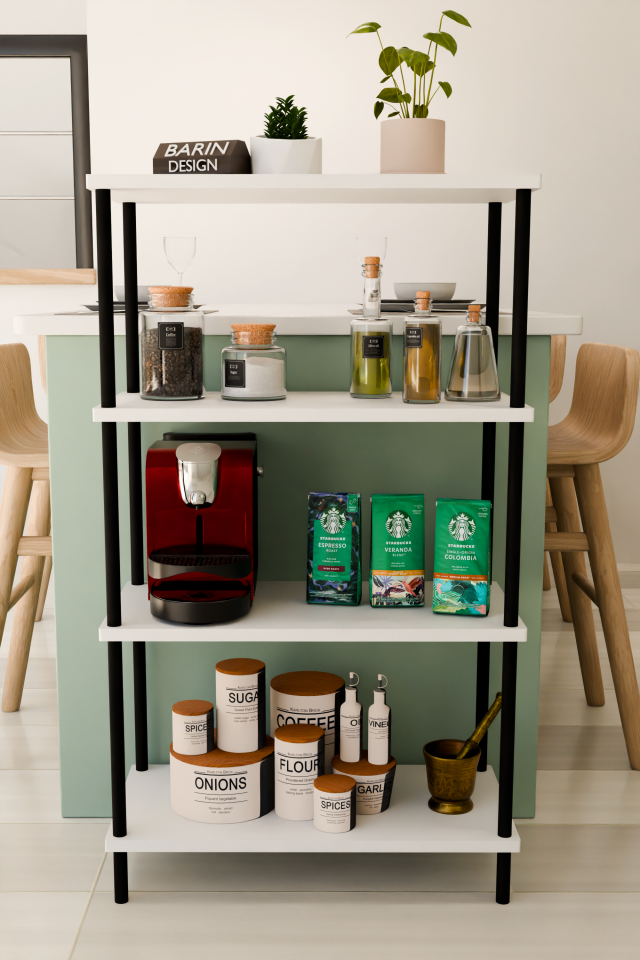 4 Katlı Çevir Kur Mutfak Rafı Çok Amaçlı Düzenleyici, Baharatlık, Kahve Köşesi, Açık Mutfak Dolabı Beyaz