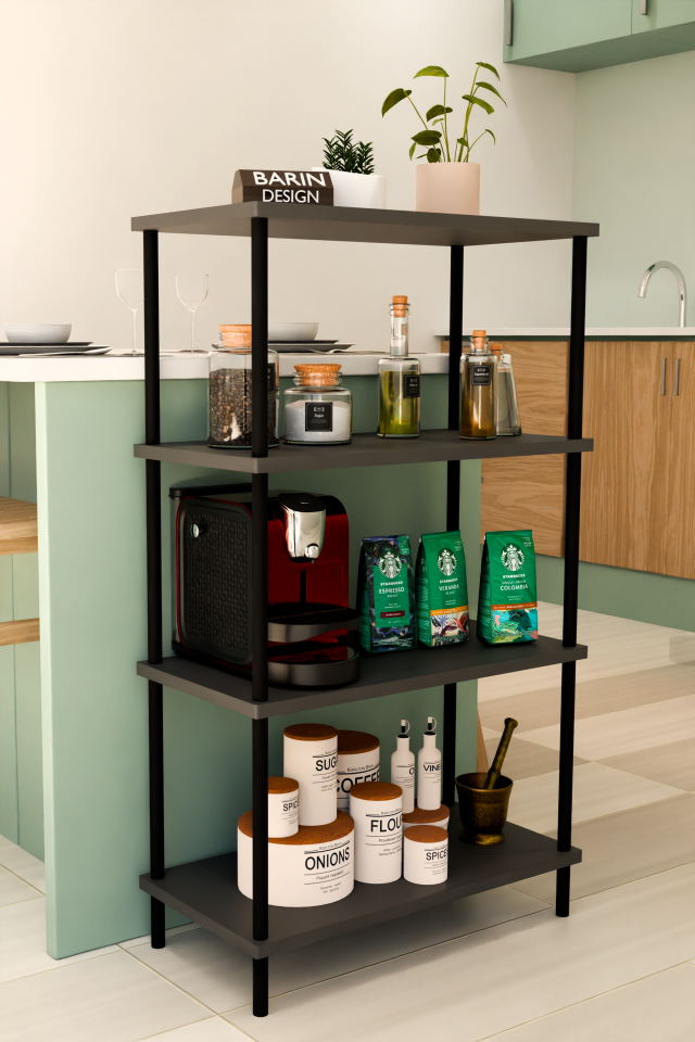 4 Katlı Çevir Kur Mutfak Rafı Çok Amaçlı Düzenleyici, Baharatlık, Kahve Köşesi, Açık Mutfak Dolabı Antrasit