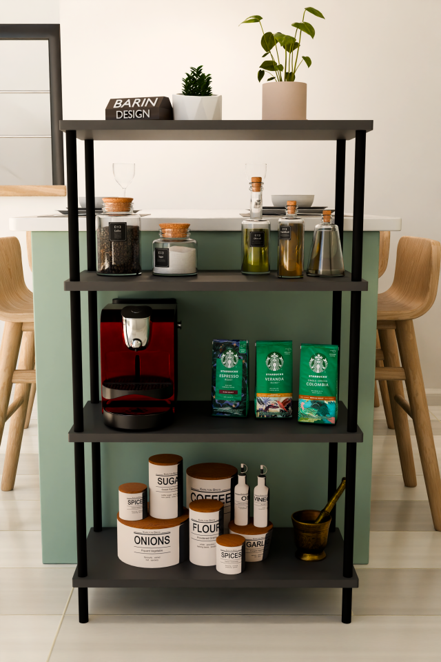 4 Katlı Çevir Kur Mutfak Rafı Çok Amaçlı Düzenleyici, Baharatlık, Kahve Köşesi, Açık Mutfak Dolabı Antrasit