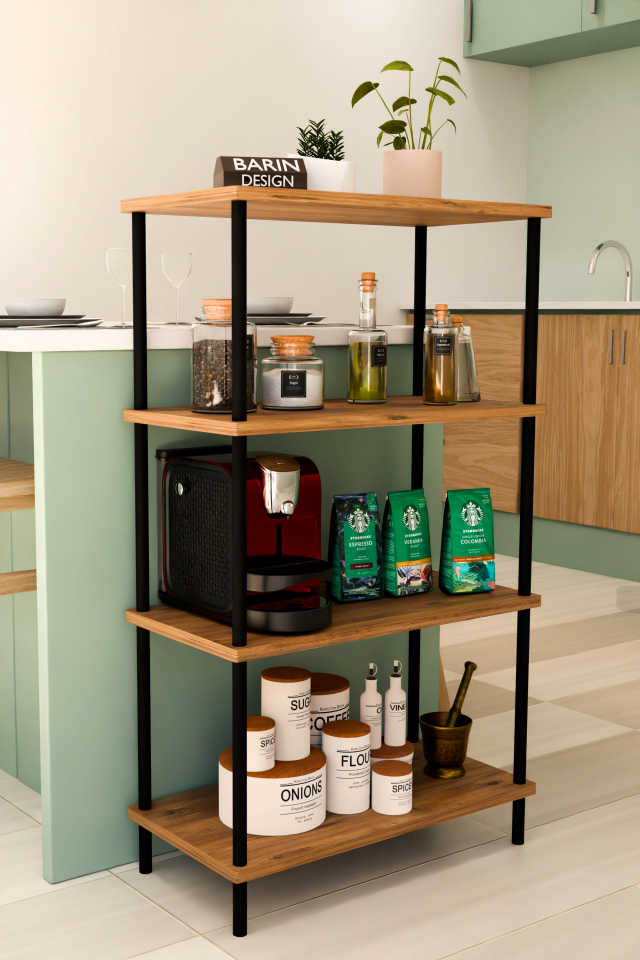 4 Katlı Çevir Kur Mutfak Rafı Çok Amaçlı Düzenleyici, Baharatlık, Kahve Köşesi, Açık Mutfak Dolabı Atlantik Çam
