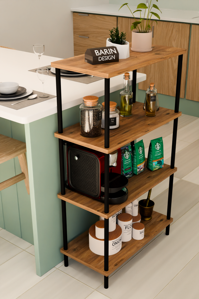 4 Katlı Çevir Kur Mutfak Rafı Çok Amaçlı Düzenleyici, Baharatlık, Kahve Köşesi, Açık Mutfak Dolabı Atlantik Çam