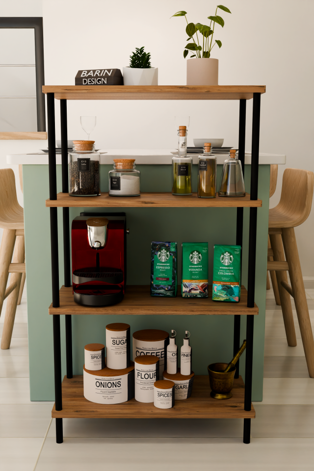 4 Katlı Çevir Kur Mutfak Rafı Çok Amaçlı Düzenleyici, Baharatlık, Kahve Köşesi, Açık Mutfak Dolabı Atlantik Çam