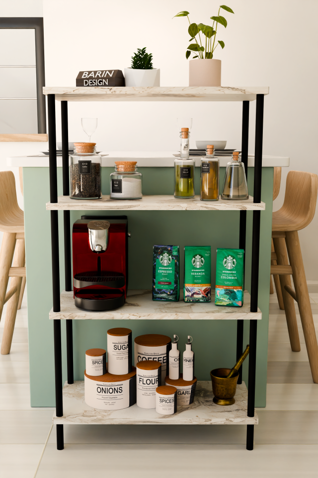 4 Katlı Çevir Kur Mutfak Rafı Çok Amaçlı Düzenleyici, Baharatlık, Kahve Köşesi, Açık Mutfak Dolabı Beyaz Mermer