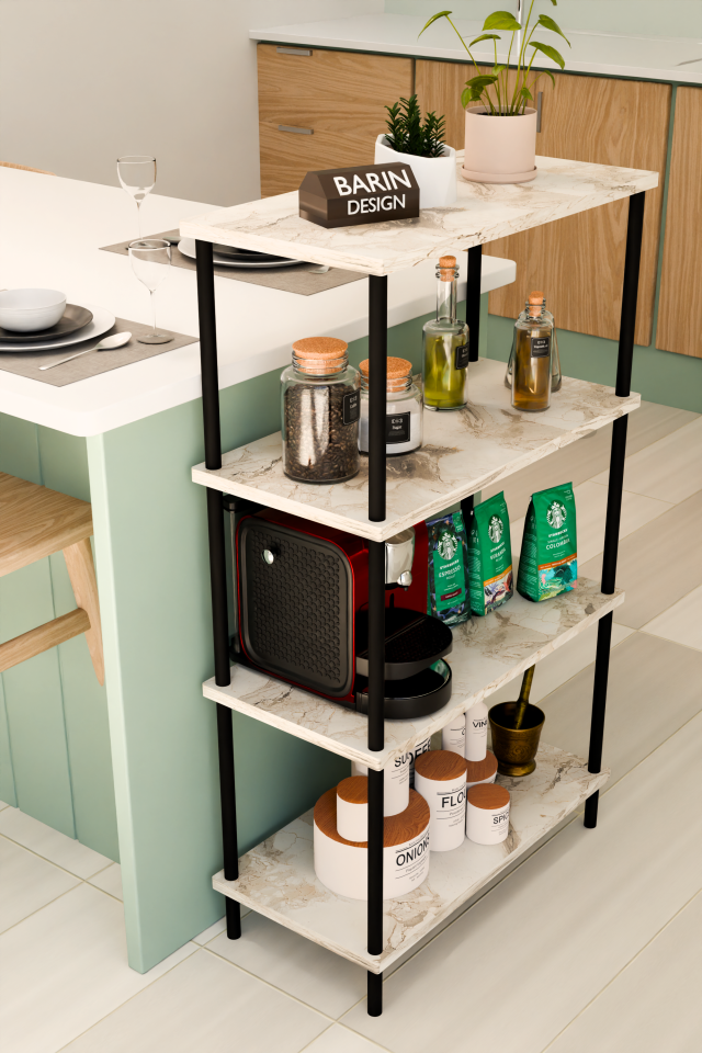 4 Katlı Çevir Kur Mutfak Rafı Çok Amaçlı Düzenleyici, Baharatlık, Kahve Köşesi, Açık Mutfak Dolabı Beyaz Mermer